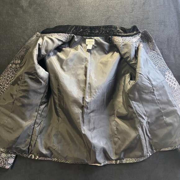 Chicos Blazer Sz 1 Medium Textured Metallic Paisley Mandarin Collar Button Front - Picture 7 of 11